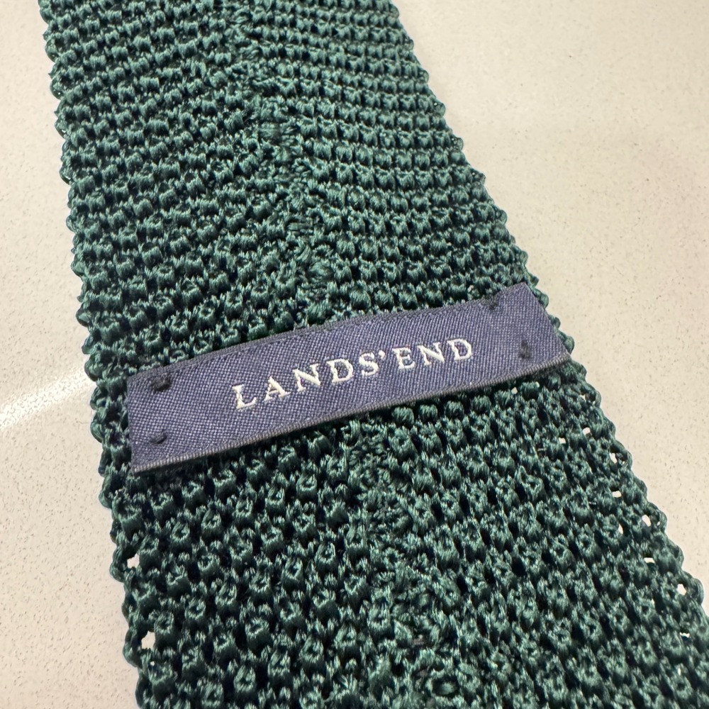 Vintage Lands End Knit Tie Silk Green Square Bottom Made in Italy Ivy Trad Prep